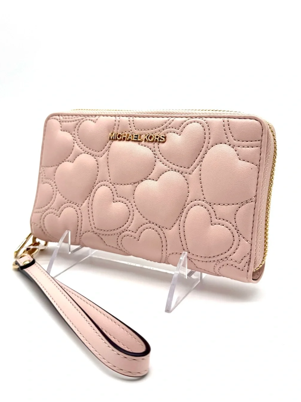 Michael Kors Large Quilted Heart Flat MF Phone Case Wallet Powder Blush